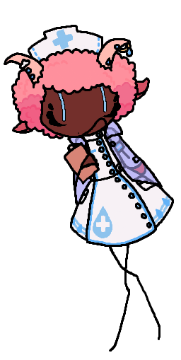 A drawing of a character holding a clipboard, the limbs are drawn in a stickfigure style. She has dark brown skin, a pink afro, pink goat ears and tail, light blue eyes, and horns with rain themed piercings. They are wearing a white nurses hat and dress with a bell shaped skirt and blue accents such as lines and raindrop shapes, as well as a transparent blue raincoat. Her left arm is partially missing and she has unguligrade legs.