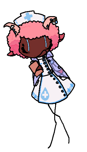 A drawing of a character holding a clipboard, the limbs are drawn in a stickfigure style. She has dark brown skin, a pink afro, pink goat ears and tail, light blue eyes, and horns with rain themed piercings. They are wearing a white nurses hat and dress with a bell shaped skirt and blue accents such as lines and raindrop shapes, as well as a transparent blue raincoat. Her left arm is partially missing and she has unguligrade legs.