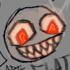 Digital drawing of a smiley face with large red eyes and a wide smile showing sharp teeth
