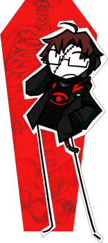 A drawing of my sona a white skinned guy with brown hair and glasses and stitching going vertically across his face. It's wearing a black jacket with a red hood, a black shirt with a red eye graphic, and a black mask pulled down. He's standing in front of a red coffin shape with a skeleton picture in the coffin.